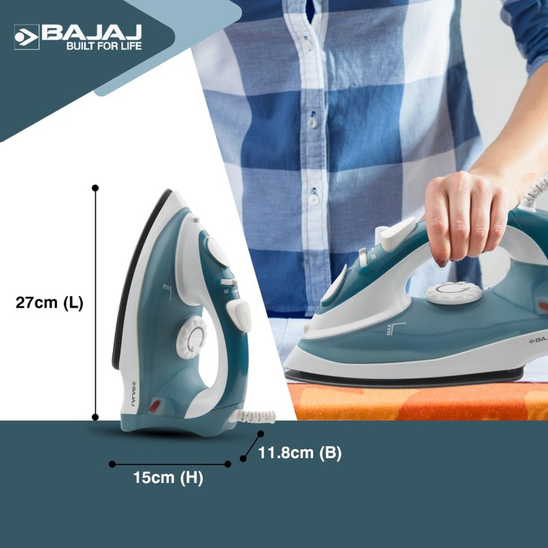 Bajaj MX 3 Neo Steam Iron | 1250 Watts Power For Faster Ironing | Vertical & Horizontal Ironing | Spray Function【Blue】