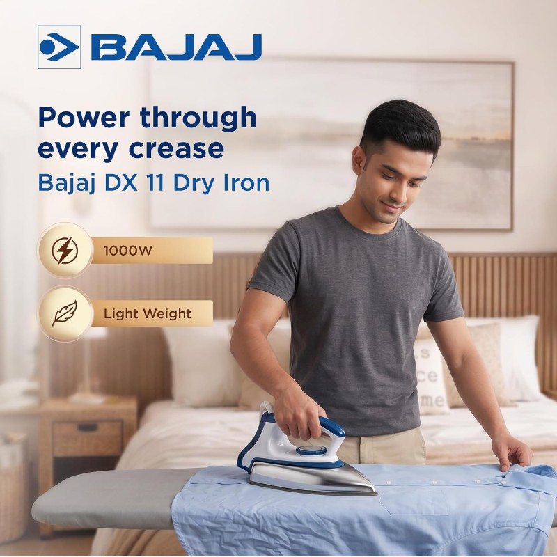 Bajaj Majesty DX-11 1000W Dry Iron with Advance Soleplate and Anti-bacterial German Coating Technology, White and Blue