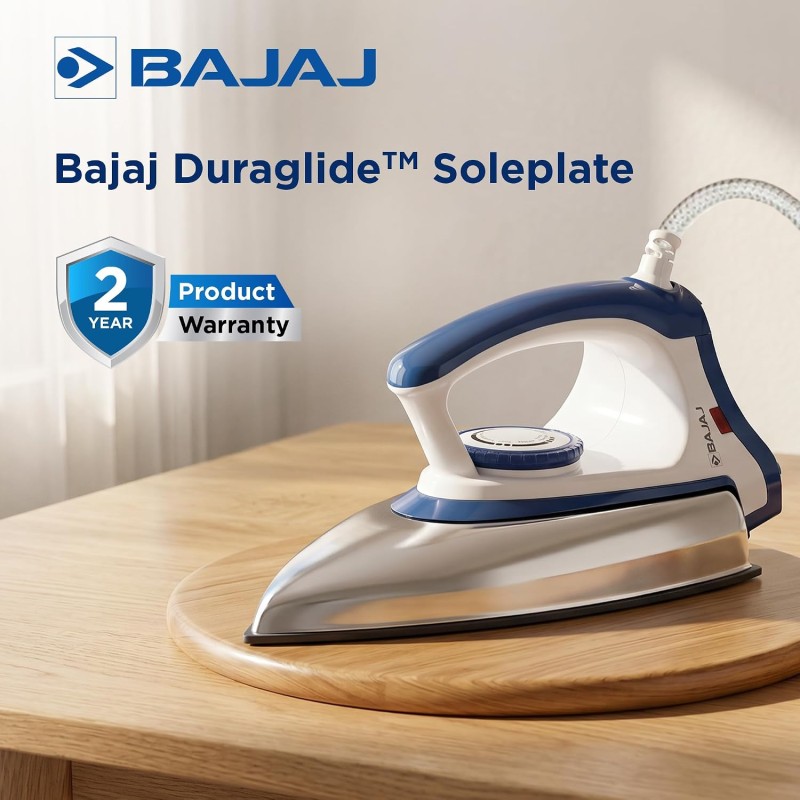 Bajaj Majesty DX-11 1000W Dry Iron with Advance Soleplate and Anti-bacterial German Coating Technology, White and Blue