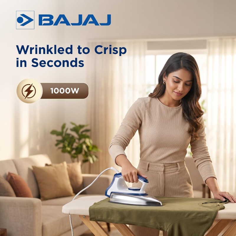 Bajaj Majesty DX-11 1000W Dry Iron with Advance Soleplate and Anti-bacterial German Coating Technology, White and Blue