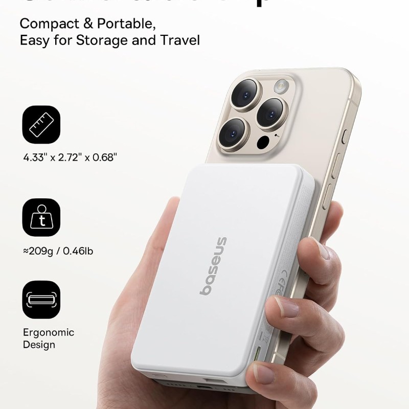 Baseus Airpow II Qi2 Magnetic Wireless Power Bank 10000mAh – 22.5W Fast Charging, MagSafe – Moon White