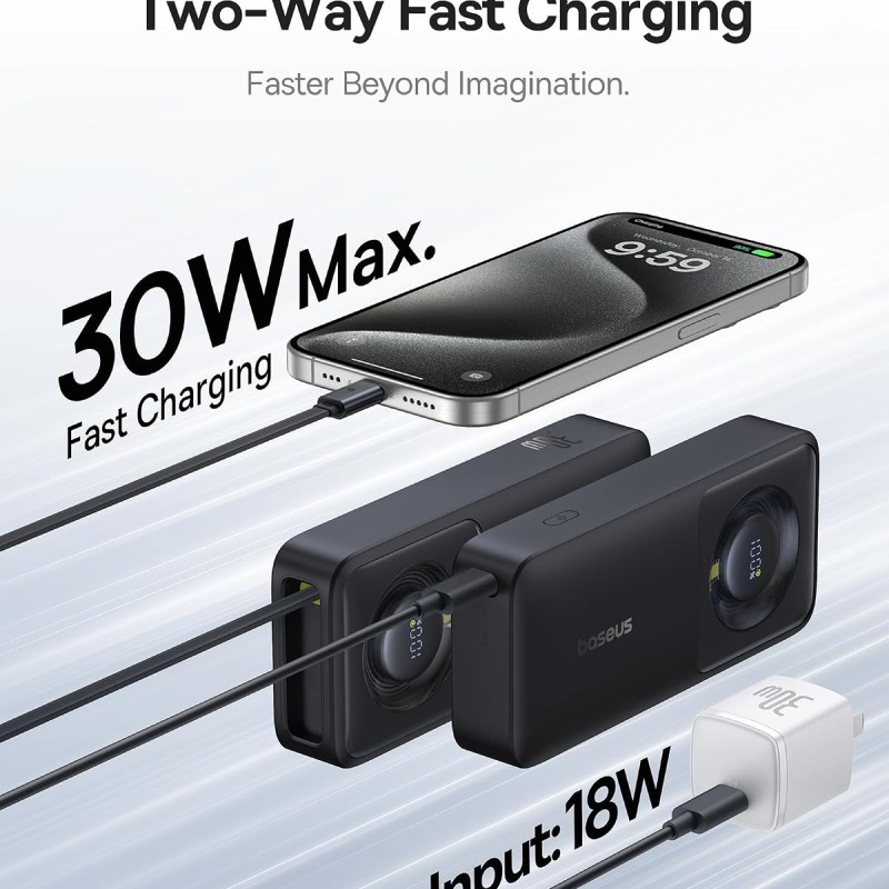 Baseus Free2Pull 10000mAh 30W Fast Charging Power Bank – Built-in Retractable USB-C Cable, Digital Display, Compact Design – Cosmic Black