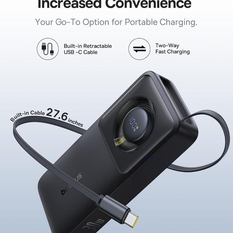 Baseus Free2Pull 10000mAh 30W Fast Charging Power Bank – Built-in Retractable USB-C Cable, Digital Display, Compact Design – Cosmic Black