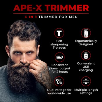 Beardo Ape-X 3-in-1 Multipurpose Trimmer for Men | Grooming Kit :- Trimmer, Shaver, Ear & Nose Trimmer | Stainless Steel self-sharpening blades | USB charge | Gift For Brother | Gift For Friends