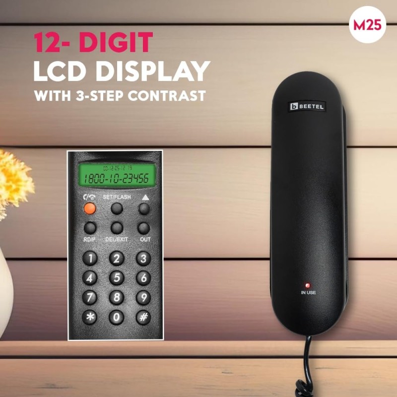 Beetel Newly Launched M25 Ultra Compact Caller ID Slim Line Corded Landline Phone,Numeric Display (Black M25)