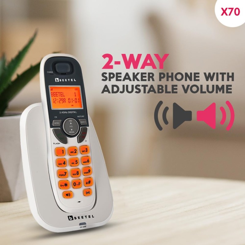 Beetel X70 Expandable Cordless Landline Phone, 2.4GHz Frequency, 2 Way Speaker Phone, Ringer Volume, LED Notification for Ringer and Charging (X70)(White)