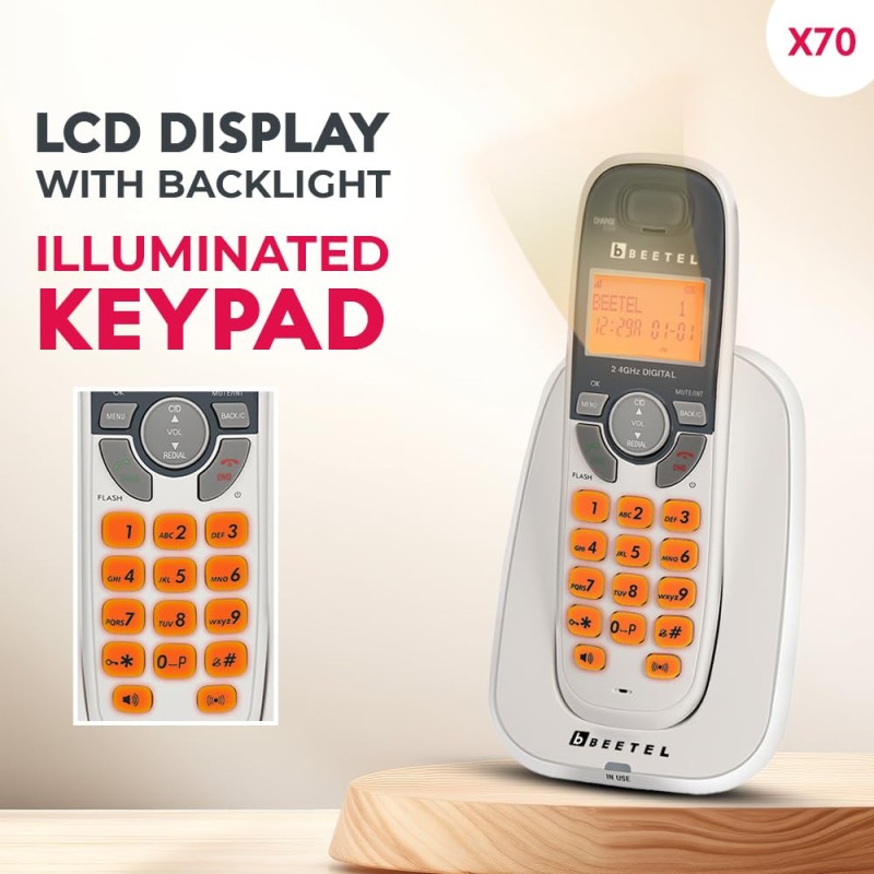 Beetel X70 Expandable Cordless Landline Phone, 2.4GHz Frequency, 2 Way Speaker Phone, Ringer Volume, LED Notification for Ringer and Charging (X70)(White)