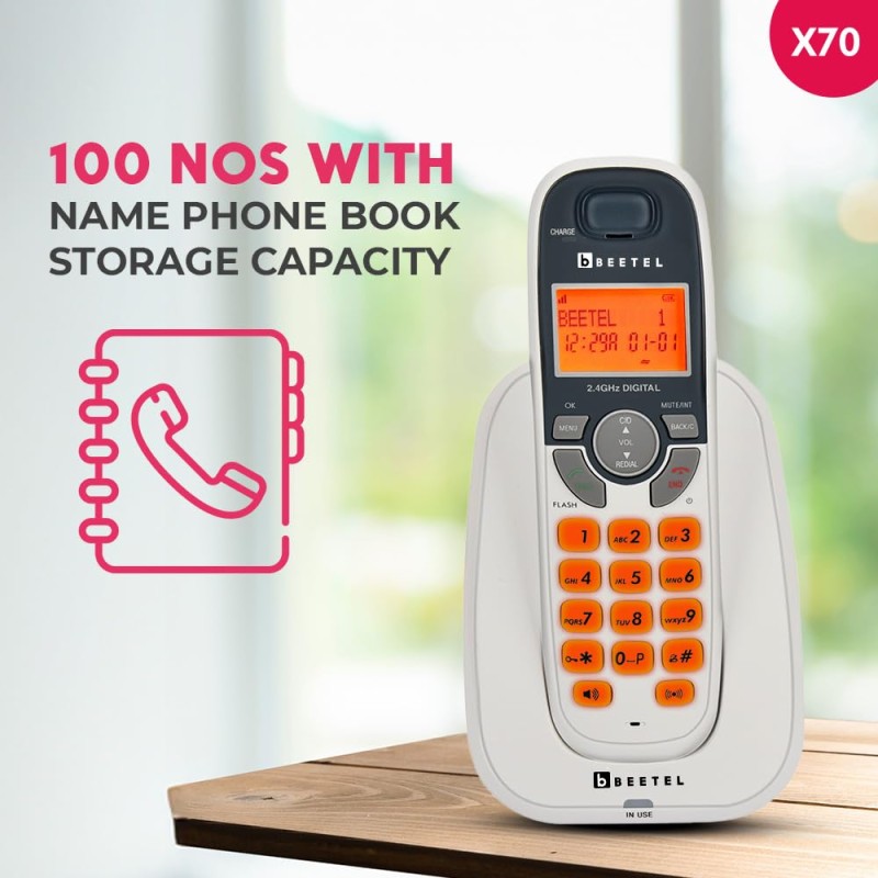 Beetel X70 Expandable Cordless Landline Phone, 2.4GHz Frequency, 2 Way Speaker Phone, Ringer Volume, LED Notification for Ringer and Charging (X70)(White)