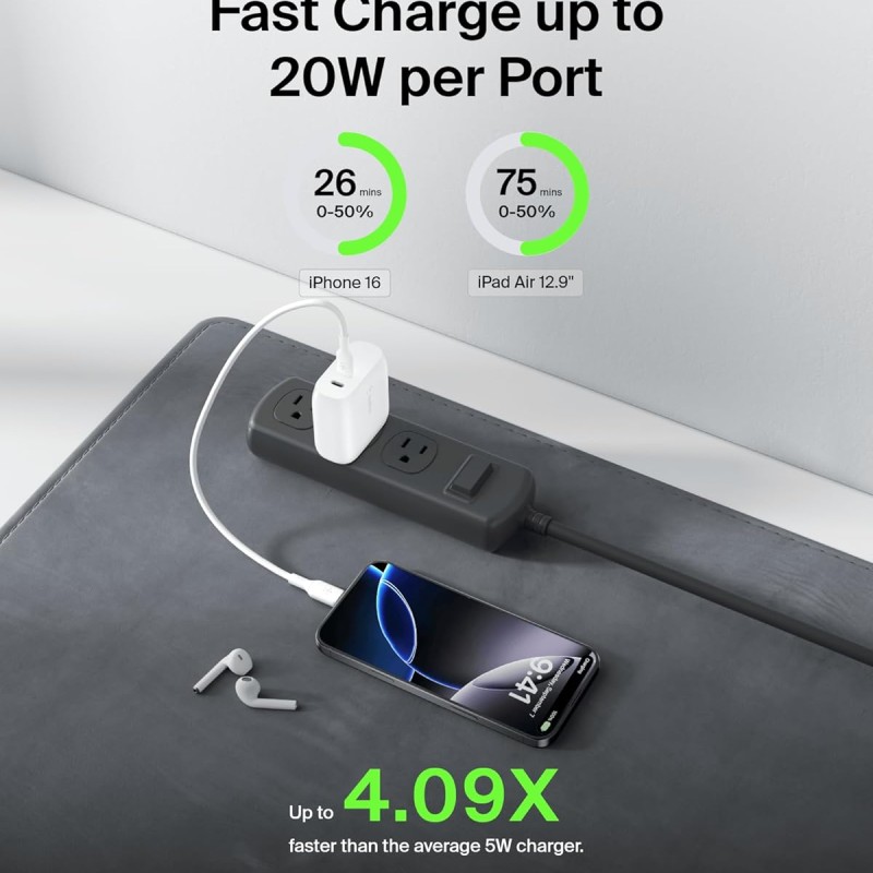 Belkin 40W (20W + 20W) Two Ports USB -C PD Wall Charger | Fast Charging for iPhone 17, Air, Pro, Pro Max White