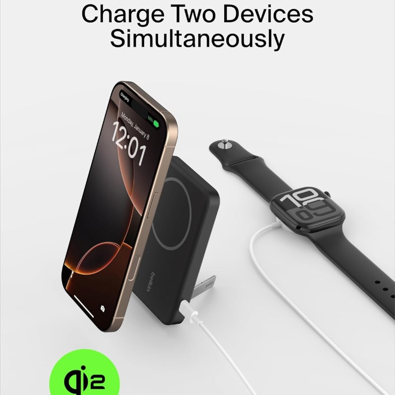 Belkin Qi2 Wireless Power Bank 15W 5000 mAh | MagSafe Charger w/Built-in Pop-up Kickstand Black
