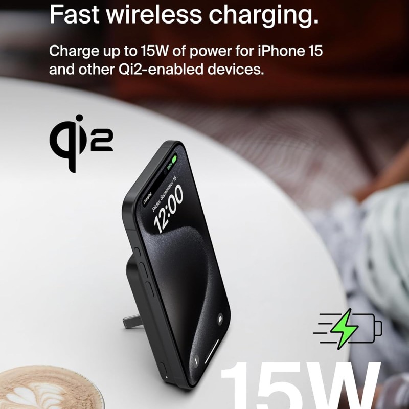 Belkin Qi2 Wireless Power Bank 15W 5000 mAh | MagSafe Charger w/Built-in Pop-up Kickstand Black