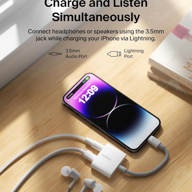 Belkin RockStar Lightning to 3.5mm Audio Cable + Audio Charger Splitter, 2-in-1 Aux iPhone Headphone White