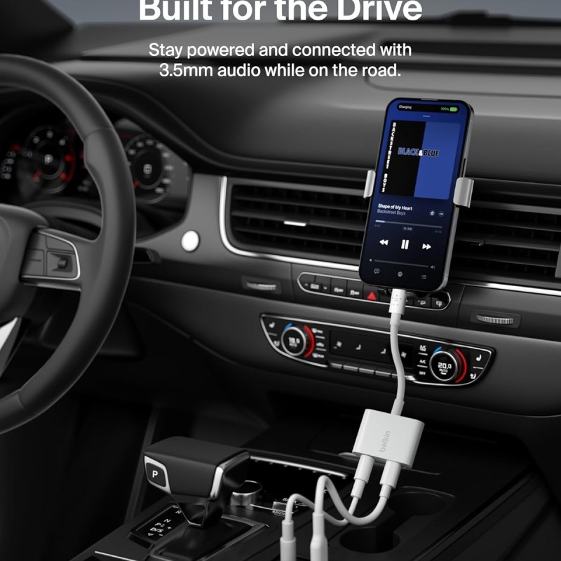 Belkin RockStar Lightning to 3.5mm Audio Cable + Audio Charger Splitter, 2-in-1 Aux iPhone Headphone White