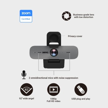 BenQ DVY31 Zoom™ Certified 1080p Full HD Compact Webcam, Privacy Cover, Omnidirectional Mics with Noise Suppression, Wide Field of View, Low Distortion, Digital Zoom, Black