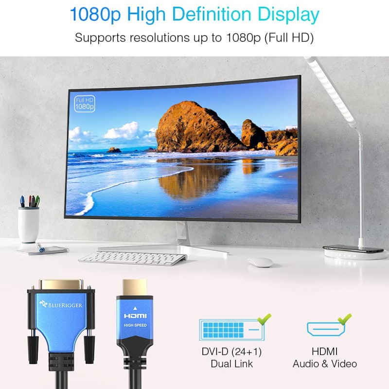 BlueRigger HDMI to DVI Cable (6FT, High-Speed, Bi-Directional Adapter Male to Male, DVI-D 24+1, 1080p, Aluminum Shell)