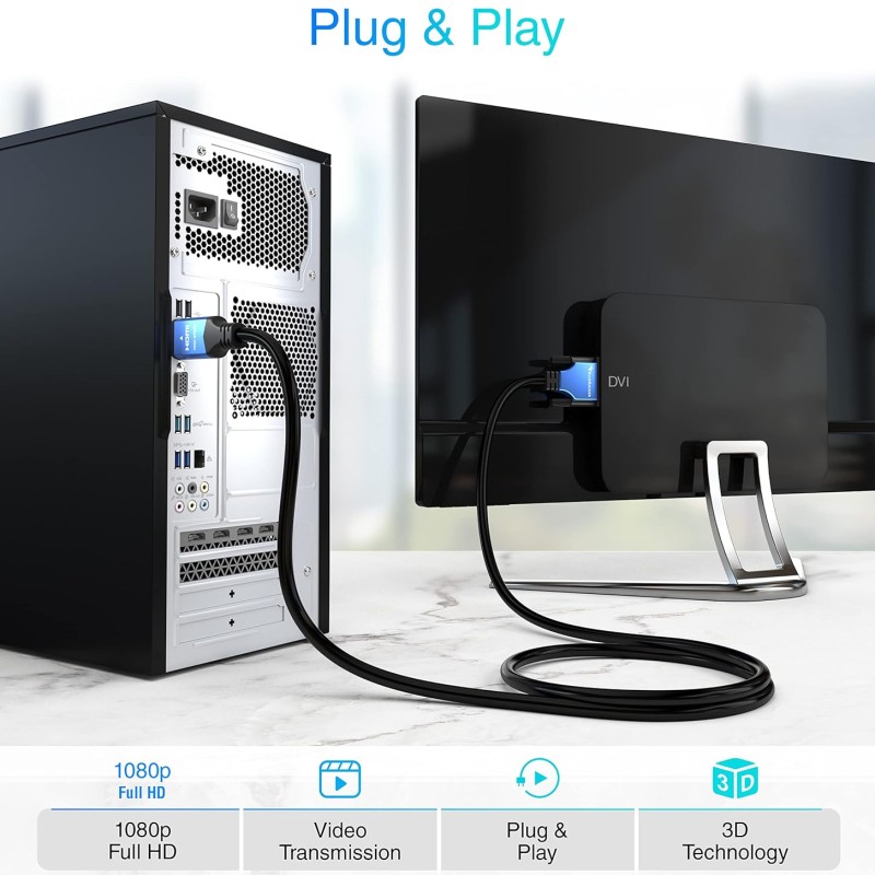 BlueRigger HDMI to DVI Cable (6FT, High-Speed, Bi-Directional Adapter Male to Male, DVI-D 24+1, 1080p, Aluminum Shell)