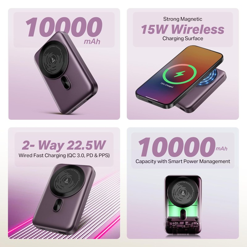 Boat EnergyShroom PB331 (Magsafe) 10000mAh Magnetic Wireless Powerbank, 15W Wireless & 22.5W Wired Charging for  (Purple)
