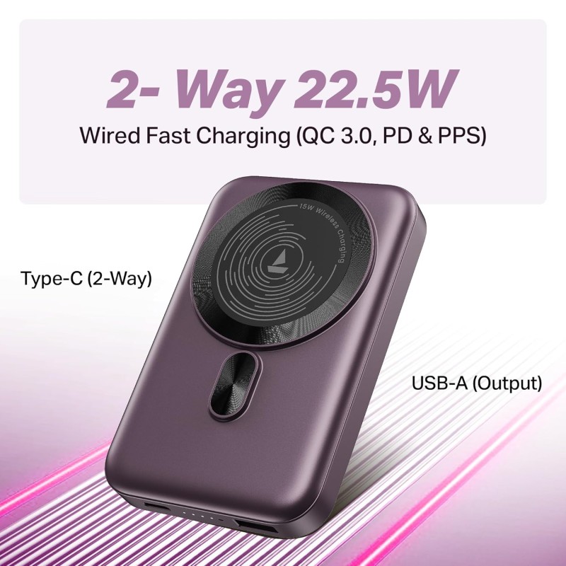 Boat EnergyShroom PB331 (Magsafe) 10000mAh Magnetic Wireless Powerbank, 15W Wireless & 22.5W Wired Charging for  (Purple)