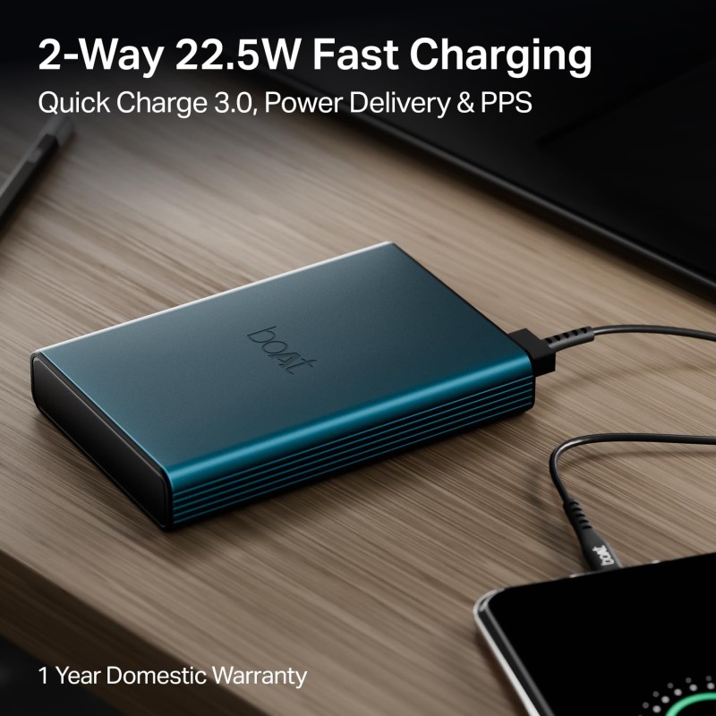 Boat Energyshroom PB300 Pro 10000 mAh 22.5W Pocket Size, Compact Power Bank, Fast Charging (Steel Blue)
