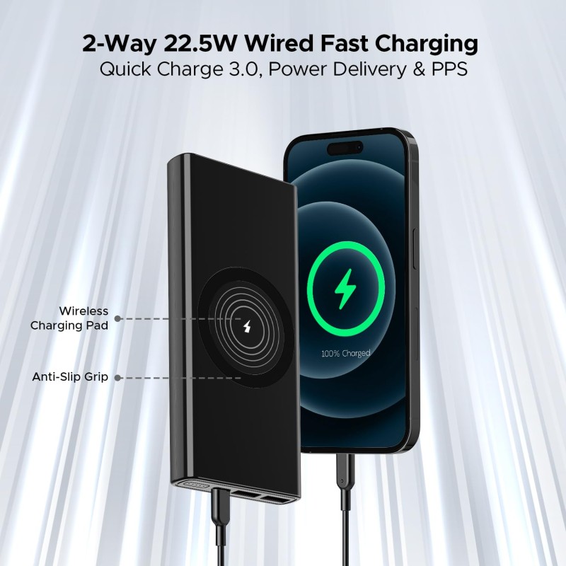 Boat Energyshroom PB310 Pro 10000Mah Powerbank|15W Wireless Charging & 22.5W Wired Charging (Carbon Black)