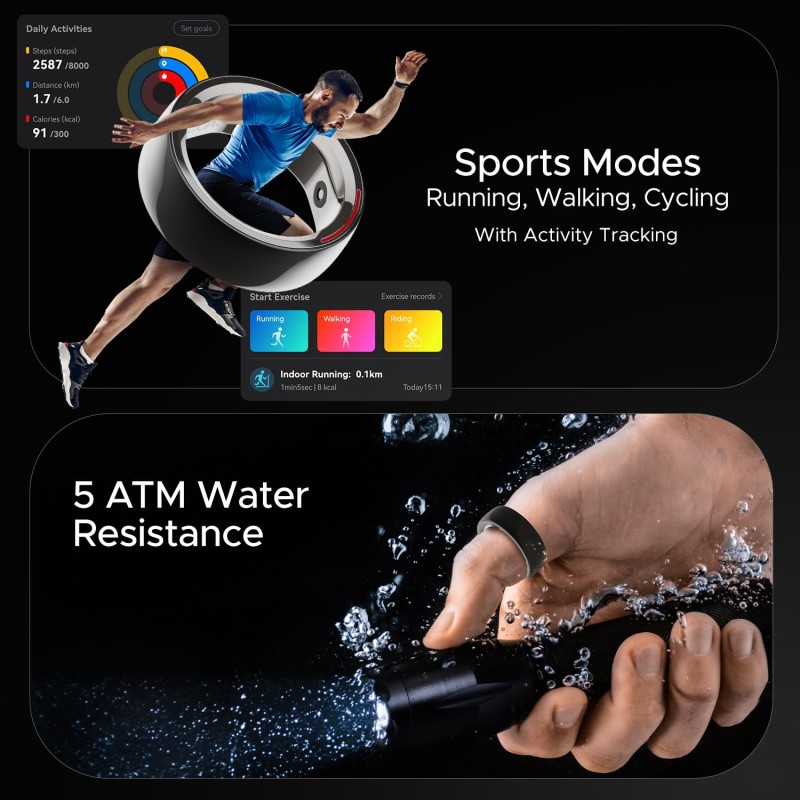 Boat Smartring Gen-1 with Premium Ceramic & Metal Build, Touch Controls, Activity Tracking, HR,SpO2, Sleep & Body Health Monitoring, Sports Modes, 5ATM Resistance & 6 Motion Sensors(Charcoal Black 7)