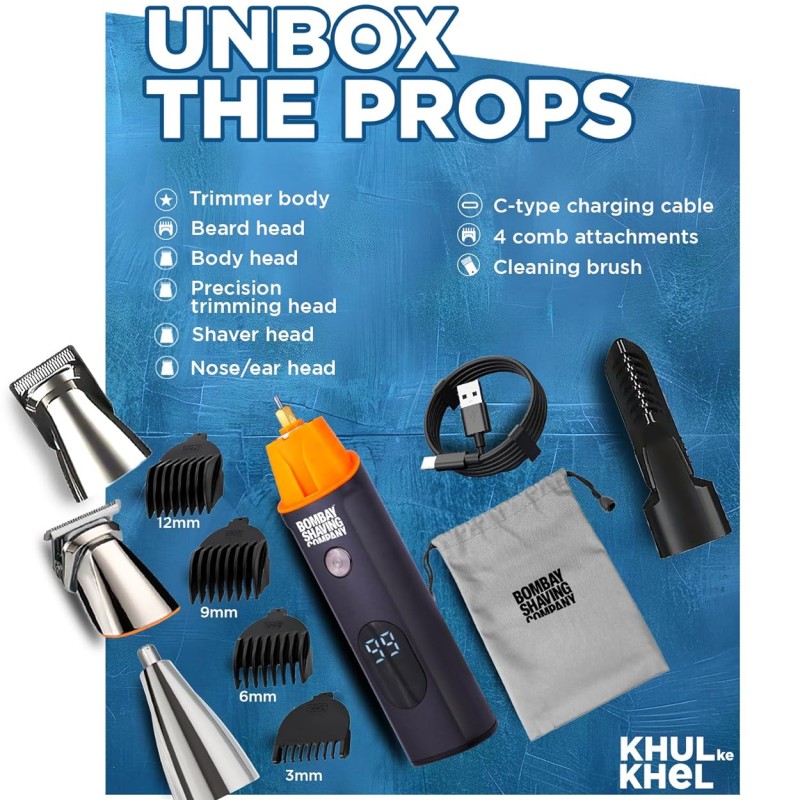 Bombay Shaving Company 11-in-1 All-in-One Grooming Kit for Men | Cordless USB Fast-Charge Trimmer IPX6 Waterproof 90-Min Runtime Smart-Lock & Self-Sharpening Stainless Steel Blades