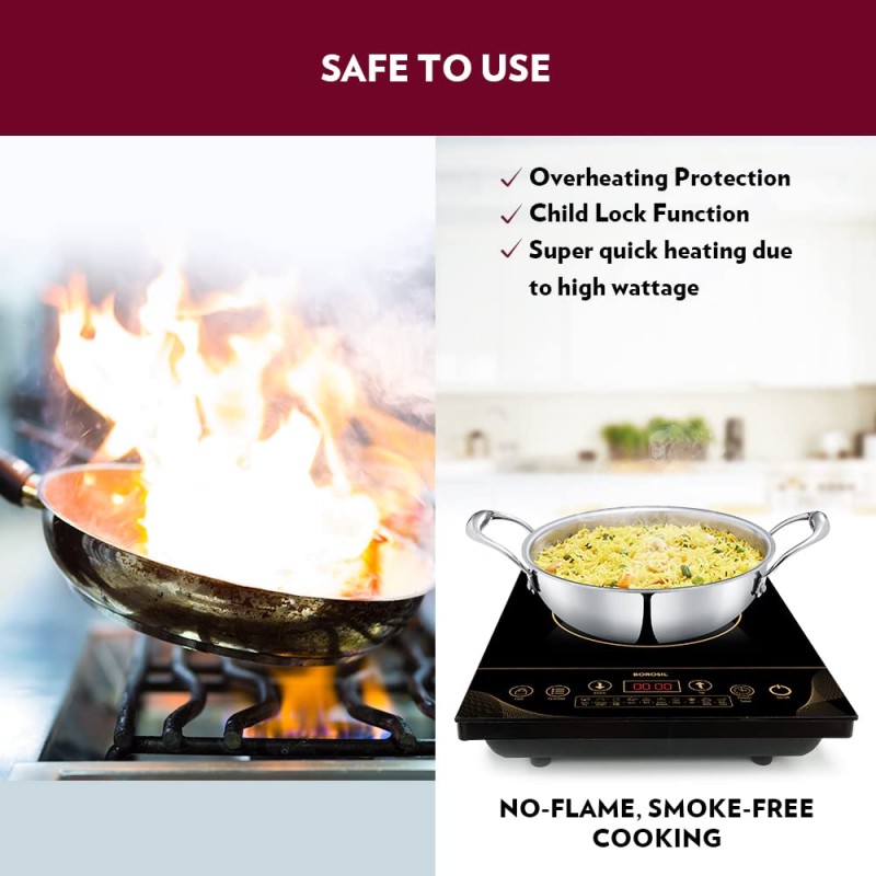 Borosil Smartkook-TC14 Electric Induction Cooktop, Glass Surface, Energy Saving, Flame-free Cooking, Black, 2000W