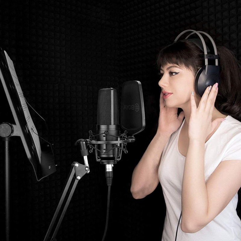 Boya BY-M1000 Condenser Microphone Podcast Mic Kit Support Omnidirectional/Bidirectional with Double-layer Pop Filter Shock Mount XLR Cable for Singer Vocals Podcaster Home Studio Voice Over Recording
