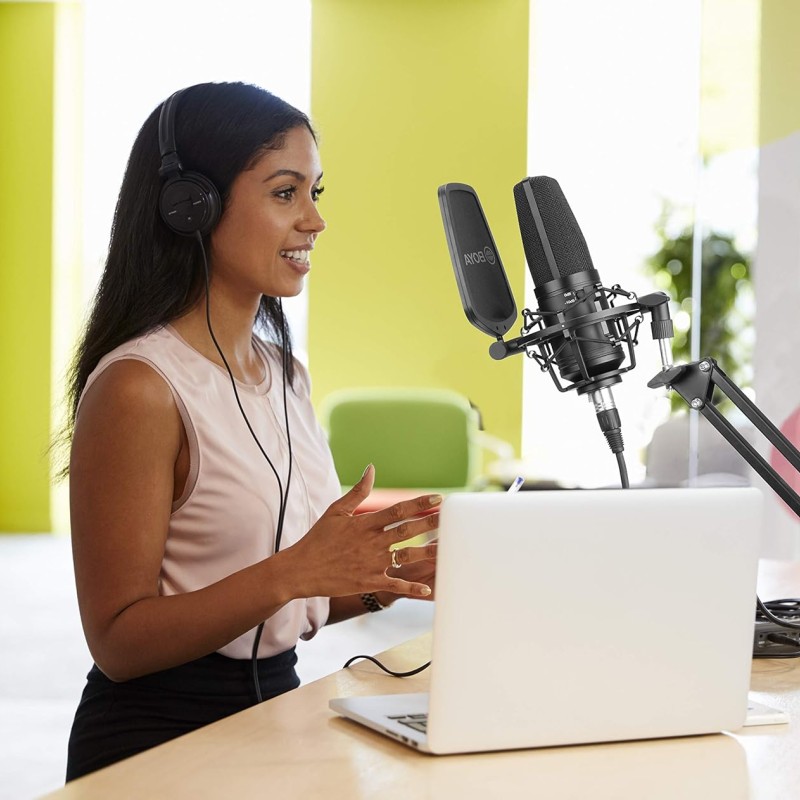 Boya BY-M1000 Condenser Microphone Podcast Mic Kit Support Omnidirectional/Bidirectional with Double-layer Pop Filter Shock Mount XLR Cable for Singer Vocals Podcaster Home Studio Voice Over Recording