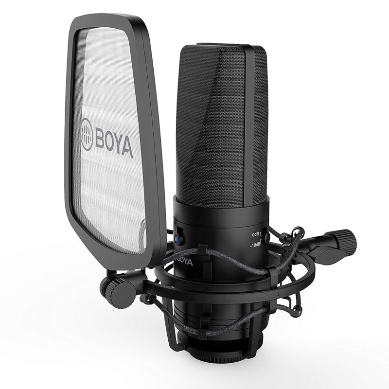 Boya BY-M1000 Condenser Microphone Podcast Mic Kit Support Omnidirectional/Bidirectional with Double-layer Pop Filter Shock Mount XLR Cable for Singer Vocals Podcaster Home Studio Voice Over Recording