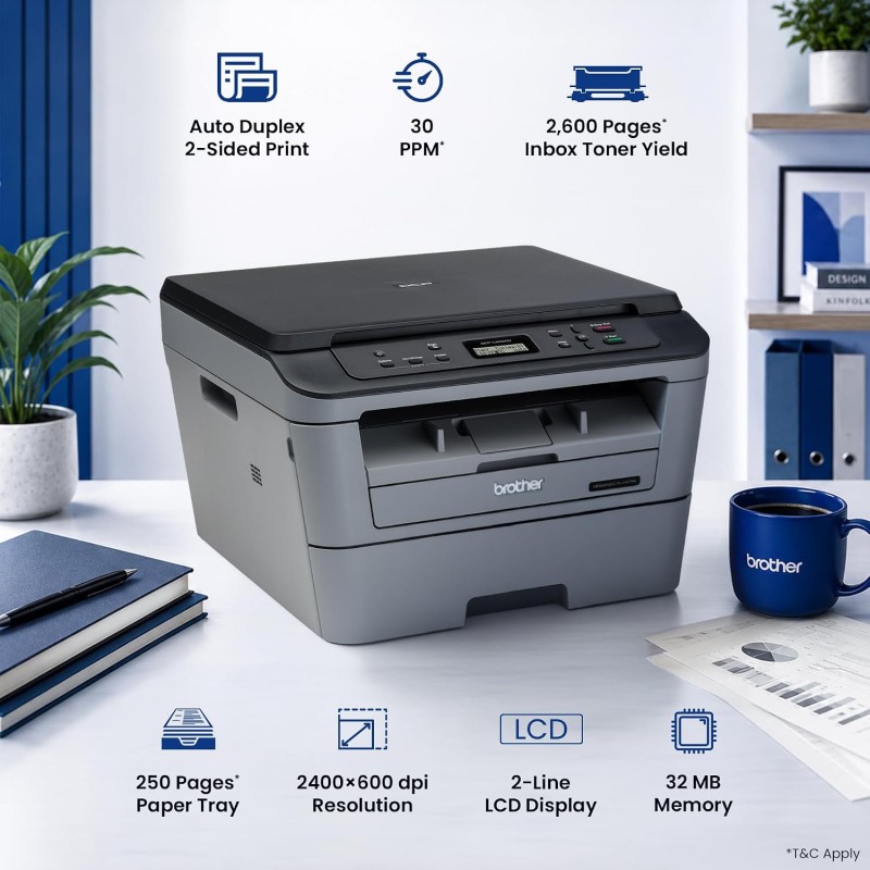Brother DCP-L2520D Automatic Duplex Laser Printer with 30 Pages Per Minute Print Speed, Multifunction (Print Scan Copy)