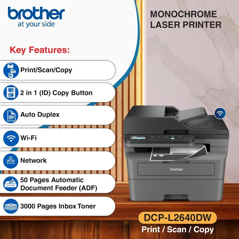 Brother DCP-L2640DW New Launch Auto Duplex Laser Printer, 34 PPM, Print Scan Copy, LCD Display, ADF, 256MB Memory, (WiFi WiFi Direct LAN USB) Black