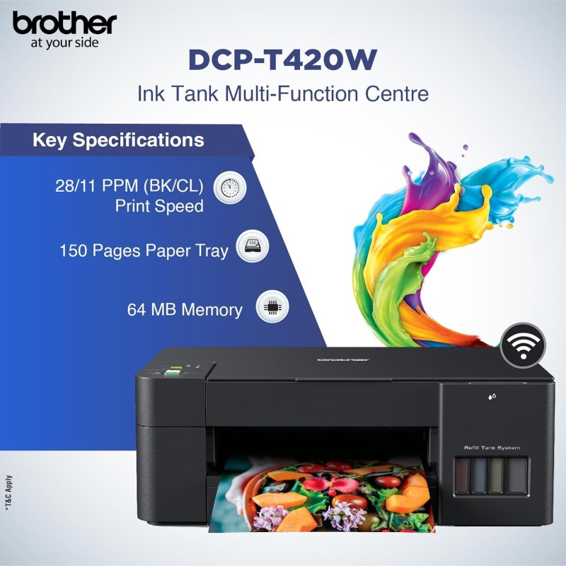 Brother DCP-T420W All-in One Ink Tank Refill System Printer with Built-in-Wireless Technology (Pre ink-loaded)
