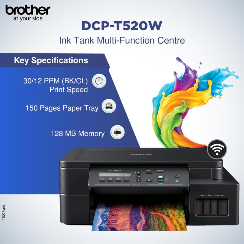 Brother DCP-T520W All-in One Ink Tank Refill System Printer with Built-in-Wireless Technology  (Pre ink-loaded)