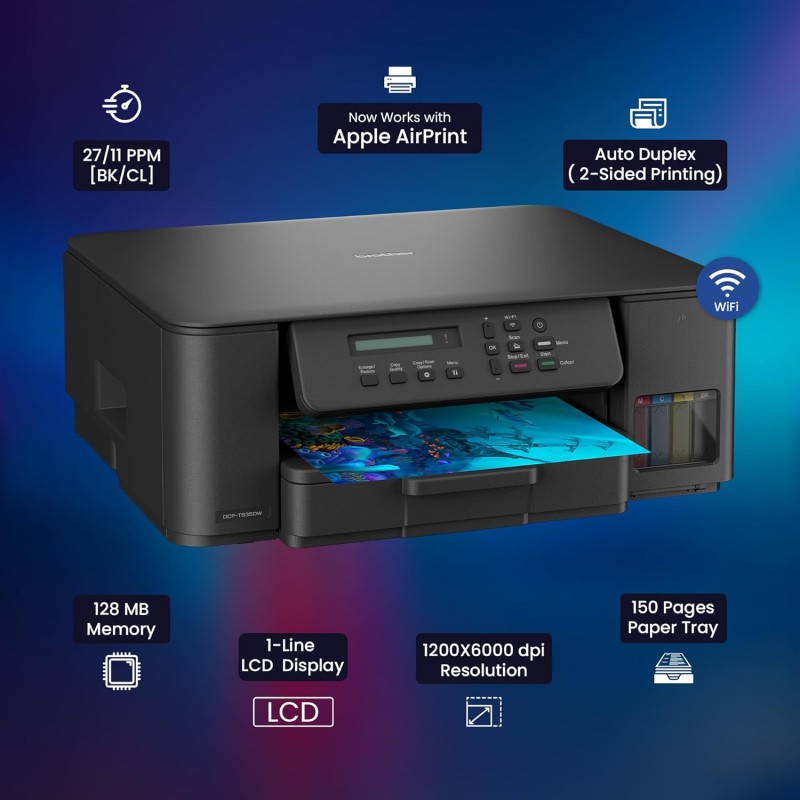 Brother Ink Tank DCP-T535DW New Launch (Print Scan Copy) WiFi Auto Duplex Printer, 128MB Memory, Print Pages Upto 15K in Black
