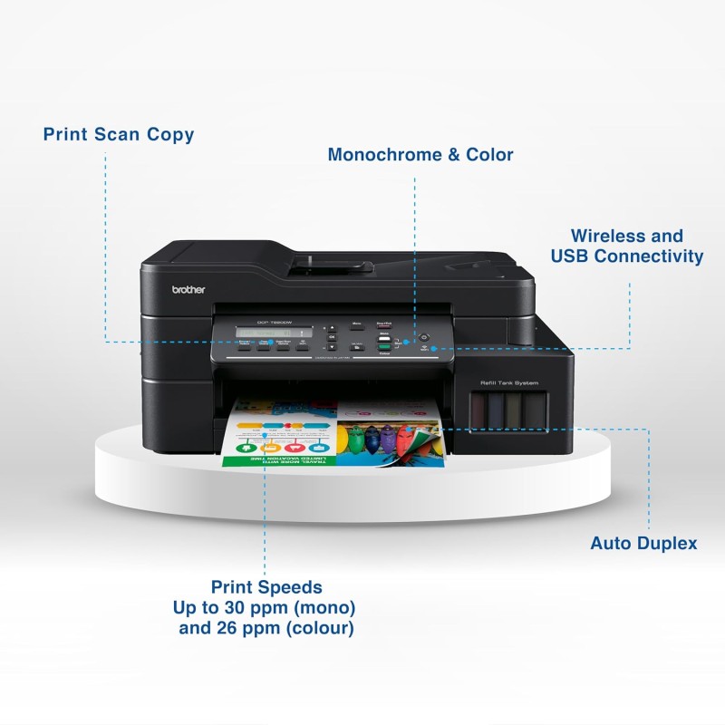 Brother Ink Tank DCP-T820DW WIFI Auto Duplex Color Multifunction Printer (Print Scan Copy), ADF, LCD, LAN, Print Up to 7.5K Pages Black