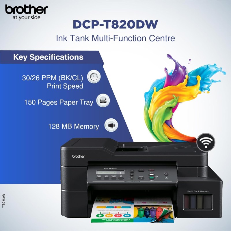 Brother Ink Tank DCP-T820DW WIFI Auto Duplex Color Multifunction Printer (Print Scan Copy), ADF, LCD, LAN, Print Up to 7.5K Pages Black