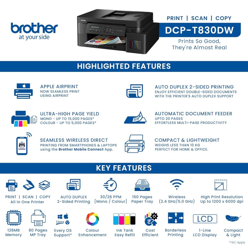 Brother Ink Tank DCP-T830DW (New Launch) WIFI Auto Duplex Color Printer