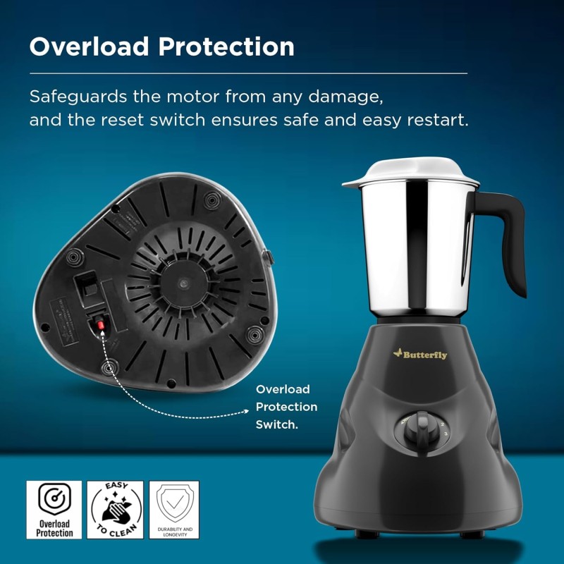 Butterfly Hero 500 Watts Mixer Grinder with 3 Jars | Stainless Steel Multipurpose Jars | ABS Body | Motor Overload Protection Grey