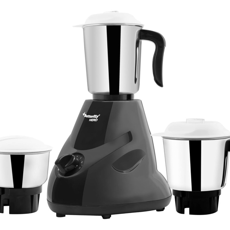 Butterfly Hero 500 Watts Mixer Grinder with 3 Jars | Stainless Steel Multipurpose Jars | ABS Body | Motor Overload Protection Grey