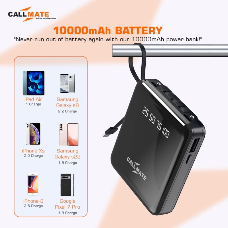 CALL MATE DX03 Power Bank 10000mAh Li-Polymer with 2.4 Fast Charging with 1 USB Port and 2 Input (Micro, Type C),Semi Digital Battery Indicator, in-Built 3 in 1 Detachable Cable (Black)