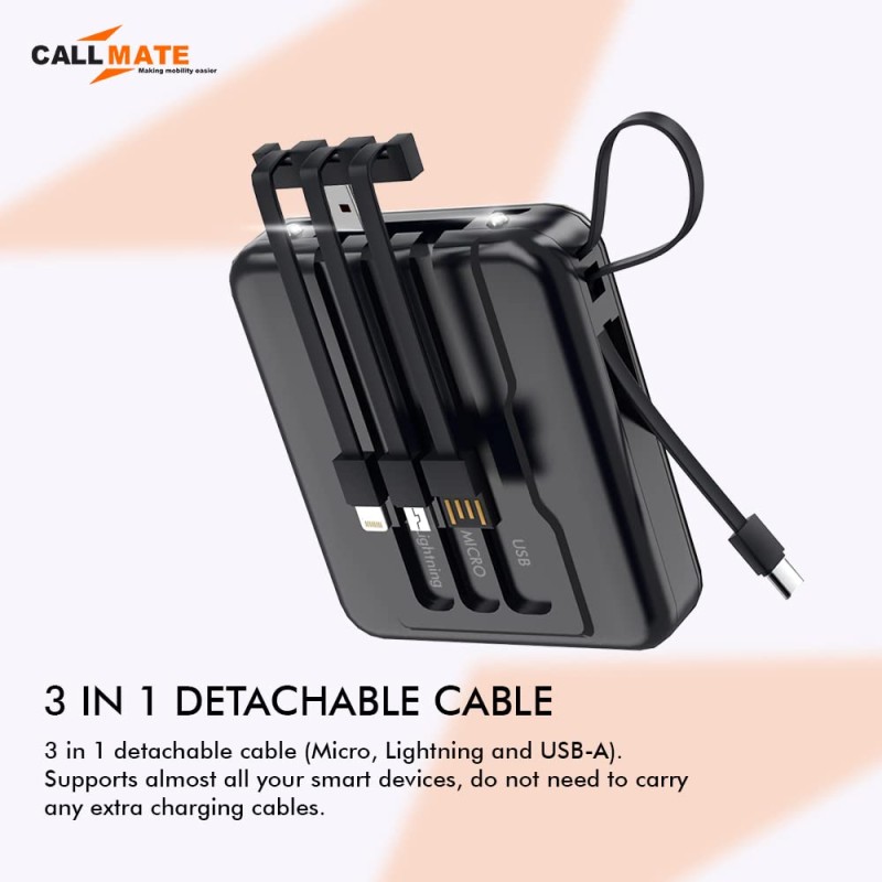 CALL MATE DX03 Power Bank 10000mAh Li-Polymer with 2.4 Fast Charging with 1 USB Port and 2 Input (Micro, Type C),Semi Digital Battery Indicator, in-Built 3 in 1 Detachable Cable (Black)