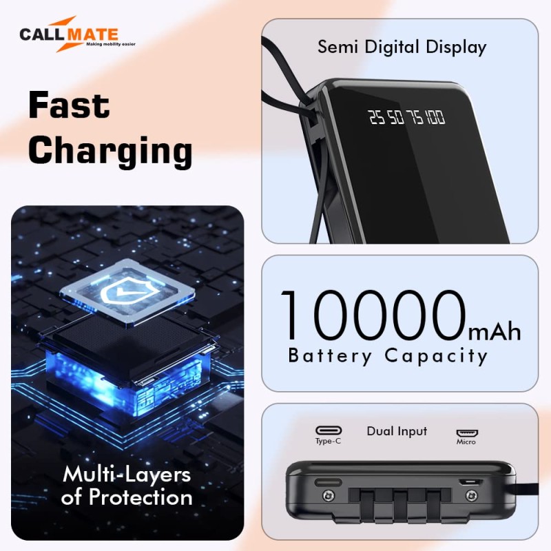 CALL MATE DX03 Power Bank 10000mAh Li-Polymer with 2.4 Fast Charging with 1 USB Port and 2 Input (Micro, Type C),Semi Digital Battery Indicator, in-Built 3 in 1 Detachable Cable (Black)