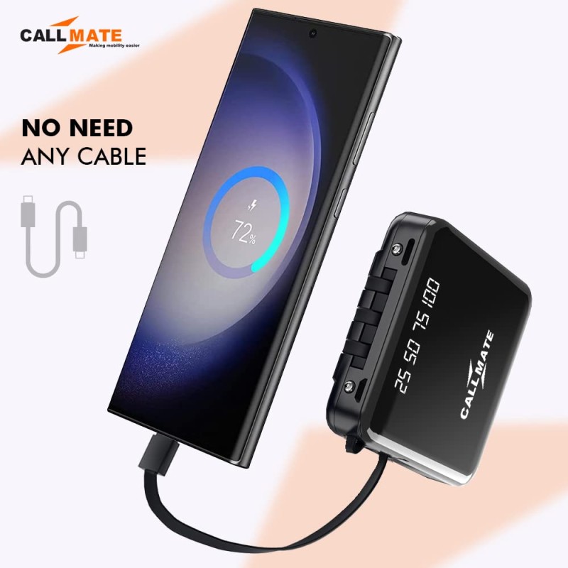CALL MATE DX03 Power Bank 10000mAh Li-Polymer with 2.4 Fast Charging with 1 USB Port and 2 Input (Micro, Type C),Semi Digital Battery Indicator, in-Built 3 in 1 Detachable Cable (Black)