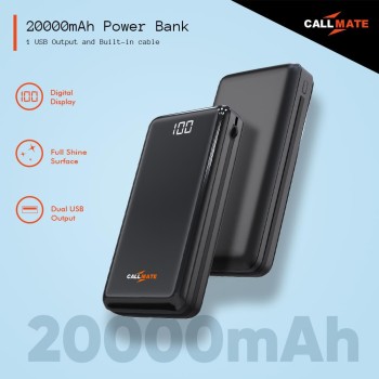 CALL MATE DX06S Power Bank 20000mAh Li-Polymer with 15W Fast Charging with 1 USB Port and Semi Digital Battery Indicator, in-Built 3 in 1 Cable. (Black)