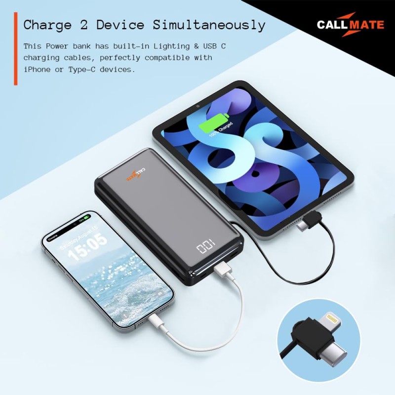 CALL MATE DX06S Power Bank 20000mAh Li-Polymer with 15W Fast Charging with 1 USB Port and Semi Digital Battery Indicator, in-Built 3 in 1 Cable. (Black)