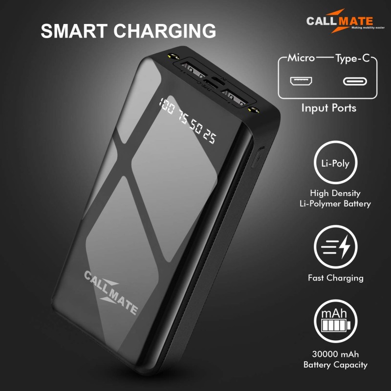CALLMATE 30000Mah High Capacity Power Bank,15W Fast Charging|Digital Display|2 USB Output Ports&2 Input|Led Torch|for iPhone,Smartphones(15 W,Fast Charging)(Black,Lithium Polymer)