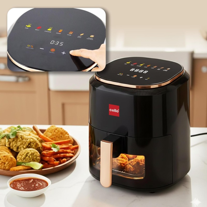 CELLO Smart Pro Air Fryer 4.5L For Kitchen, 1400W | 360° Hot Air Circulation, Touch Control Panel, Uses Up to 90% Less Fat, Healthy Oil-Free Cooking