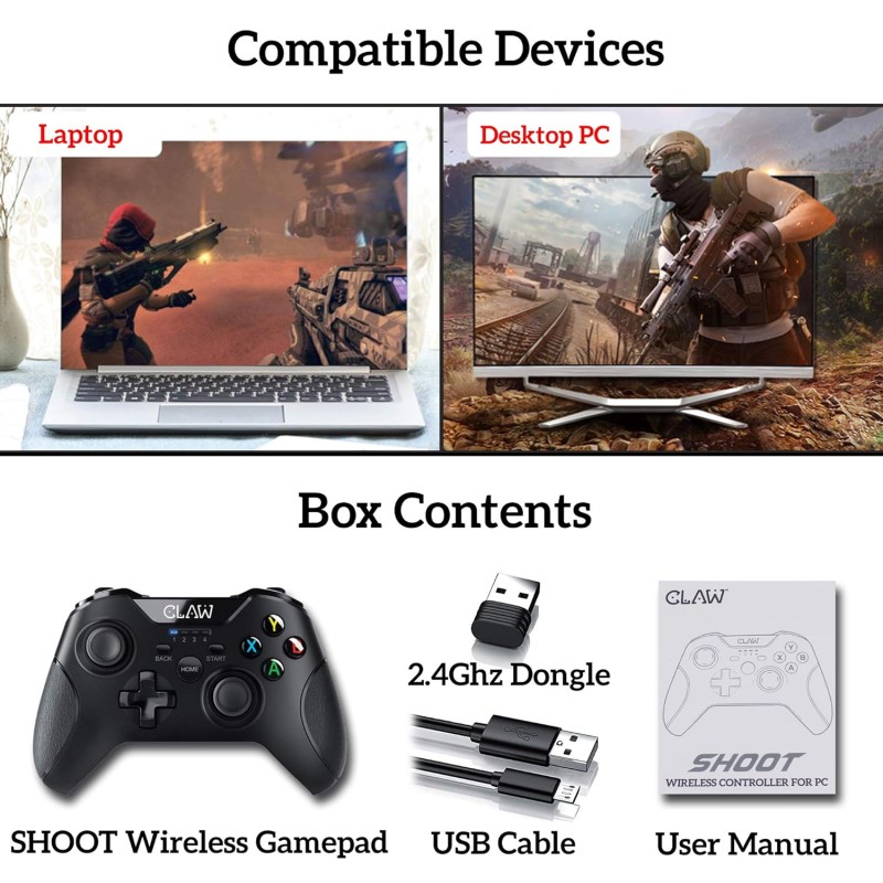 CLAW Shoot Wireless 2.4Ghz USB Gamepad Controller for PC Supports Windows XP/7/8/10 with Rubberized Textured Grip and Dual Vibration Motors (Does not have Bluetooth || Not for Mobile)