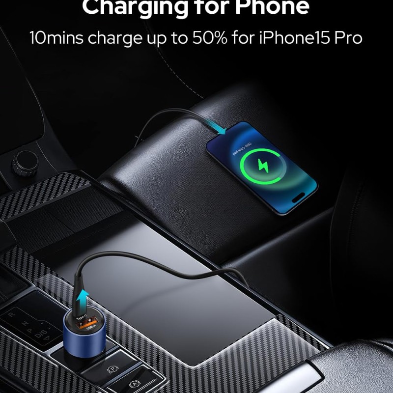 COSTAR 95W Car Charger Fast Charging with Dual Ports, 2 in 1 USB & Type C Fast Charge QC 65W+ PD 30W, Compatible with Mobile (Blue)